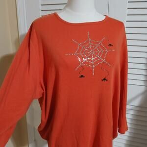 C.B Casual Plus 1X Pumpkin Colored Metallic Spider Web 3/4-Sleeve Knit Shirt